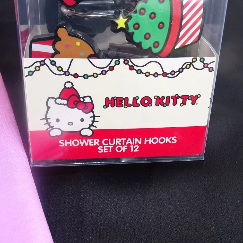Hello Kitty Pink and Red Christmas shower Curtain With Matching Hooks